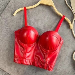 NWT RED faux leather M corset boned bustier crop bra top fitted sexy 36BC34D